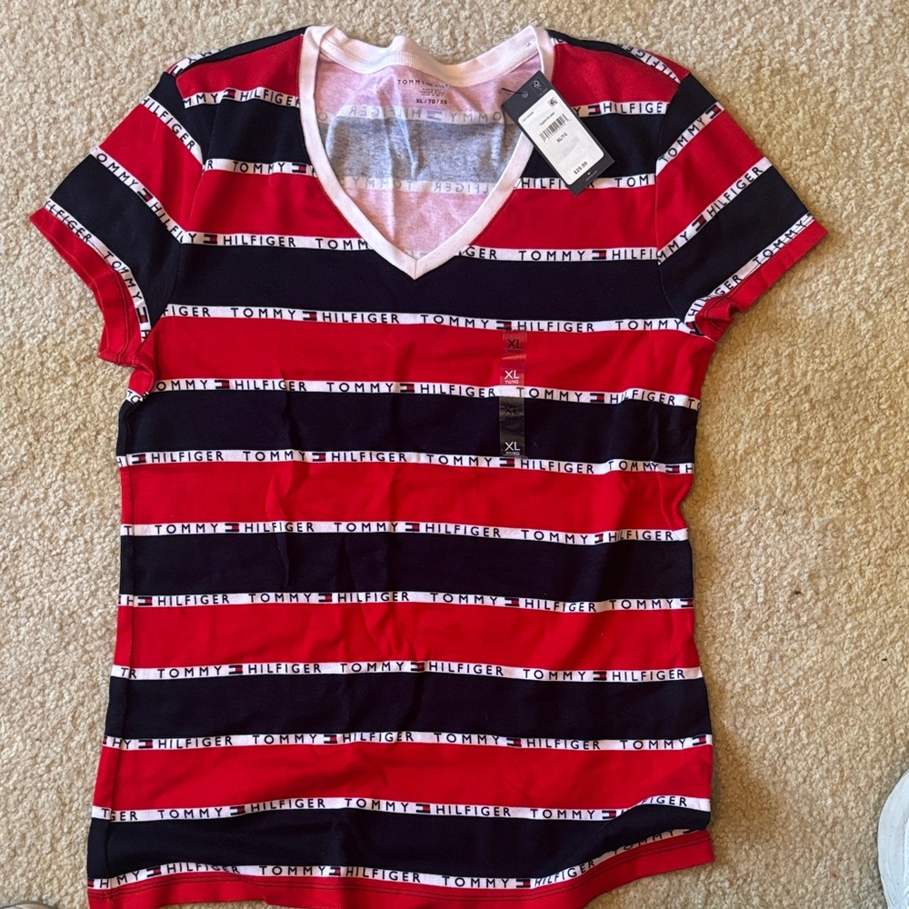 Tommy Hilfiger Women’s Red & Blue Striped V-Neck Tee